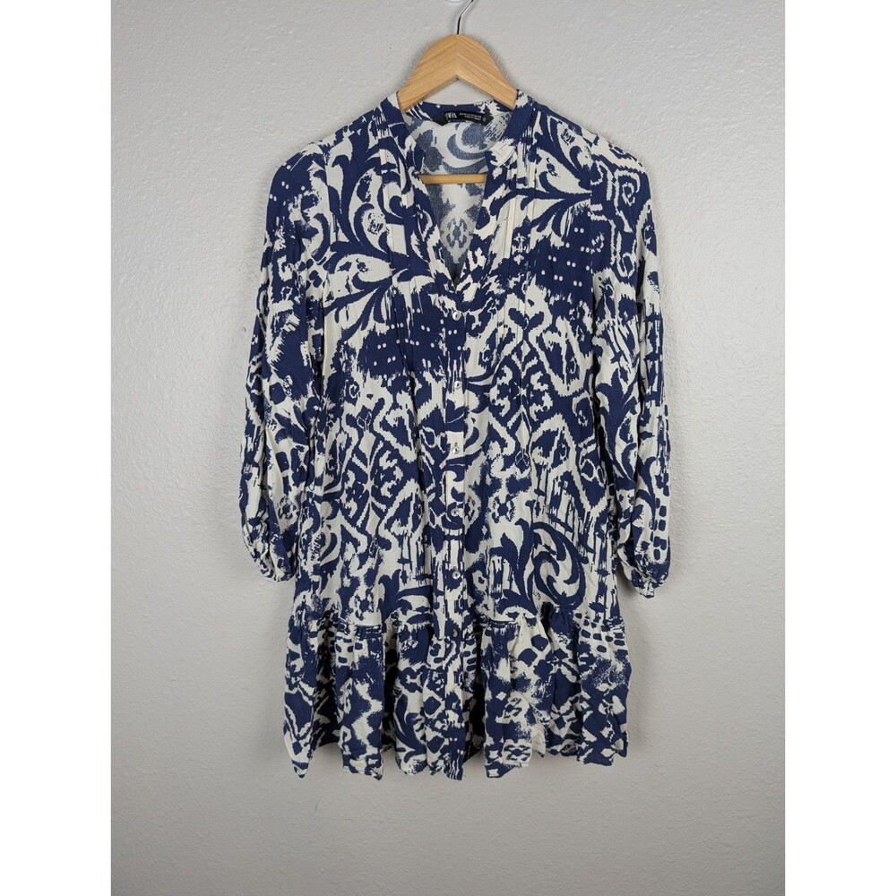 Zara Women Dress Blue White Long Sleeve Button XS